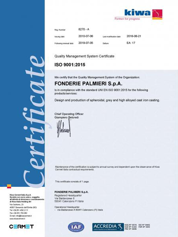 Certificato sistema gestione qualità ISO 9001:2015