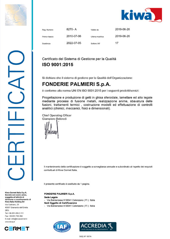 Certificazione Qualità ISO 9001 Fonderie Palmieri